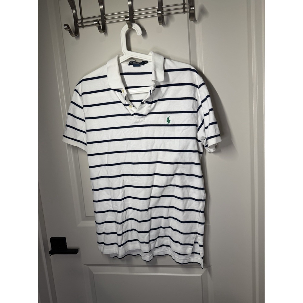 Vintage Men’s Polo Ralph Lauren Polo Shirt Size Medium Striped White Blue Preppy